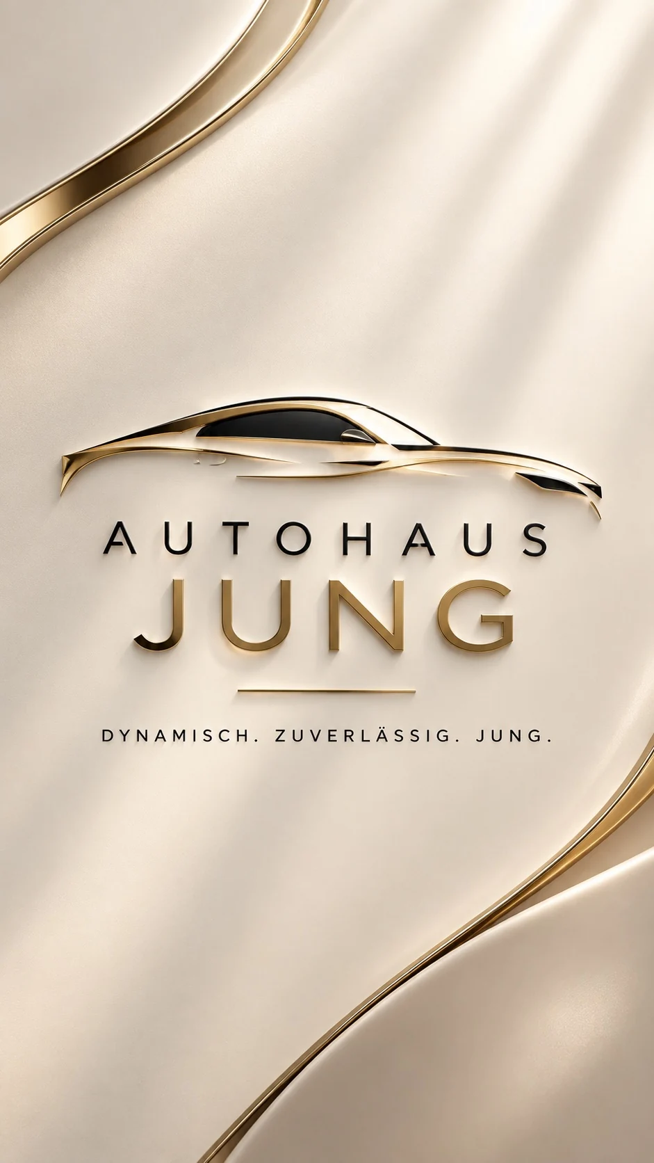 Das goldene Autohaus-Jung-Logo auf cremefarbenem Hintergrund