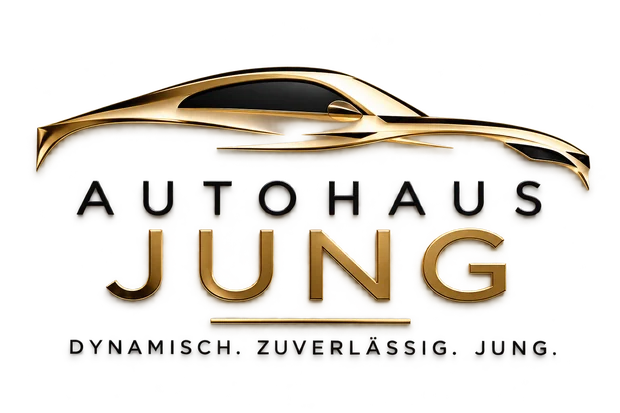 Autohaus Jung – goldene Autosilhouette. Dynamisch. Zuverlässig. Jung.